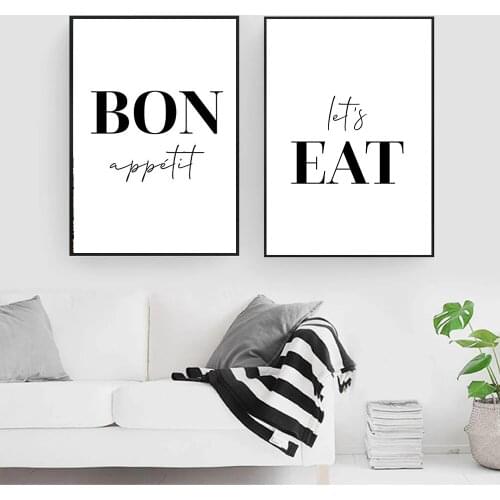 Bon Appetit Lets Eat Quotes Canvas Painting Black And White Wall Art Poster and Print Pictures Kitchen Home Decoration Decor