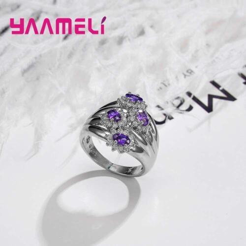 Four Big Purple Flower Ring Women Girls Charm Jewelry 925 Sterling Silver Rings Crystal Rhinestone Engagement Anillons