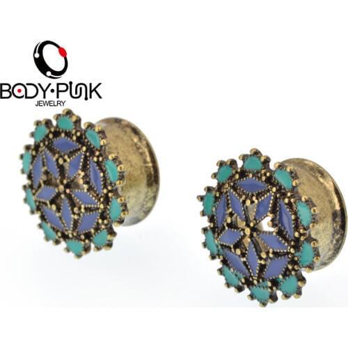 BODY PUNK Polished Trendy Gold Flower Round Shade Ear Plug Stainless Steel Body Jewelry Ear Expanders 6-16mm PLG 125