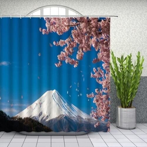Landscape Shower Curtains Pink Cherry Blossoms Tree Castle Building Bathroom Decor Home Bath Waterproof Polyester Curtain Set