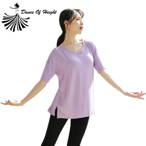 Summer Loose Modern Dance T-Shirt For Women Dance Practice Clothes V Neck Bat Sleeve Wear Rayon Solid Short Sleeved Tops XXL