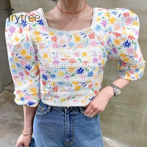 Trytree 2020 Summer Woman Casual Blouse Square Collar Puff Sleeve Print Back Bandage All-Purpose Style Temperament Blouse Tops