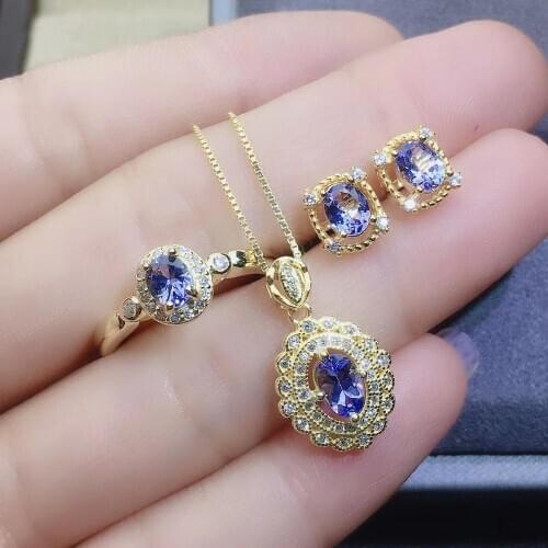The Best Gift For your mother Natural and Real Tanzanite Jewelry set 925 sterling silver 1pc Ring,1pc Pendant,2pcs Earring