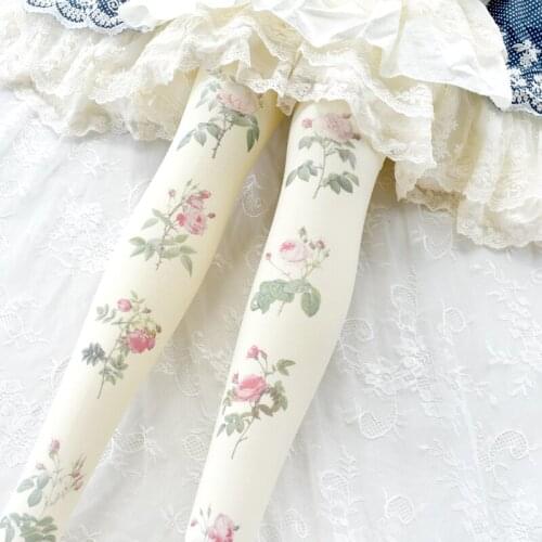 Small Fresh Japanese Vintage Rose Printed Tights Pantyhose Lolita Sweet Princess Young Girl Student Cosplay Silk Stocking