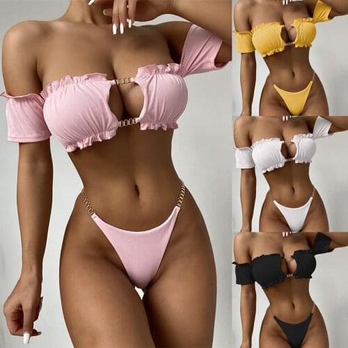 2021 New Solid High Waist Bikini Beach Women Swimsuit Push Up Sexy Swimwear Short Sleeve Bikini Set Brazilian Bathing Suit Thong