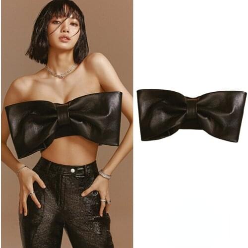 Kpop IU Seo Yea Ji New Bow-Knot PU Leather Tube Top Tank Top Women Nightclub Sexy Lady Cropped Backless Strapless Crop Top Vest