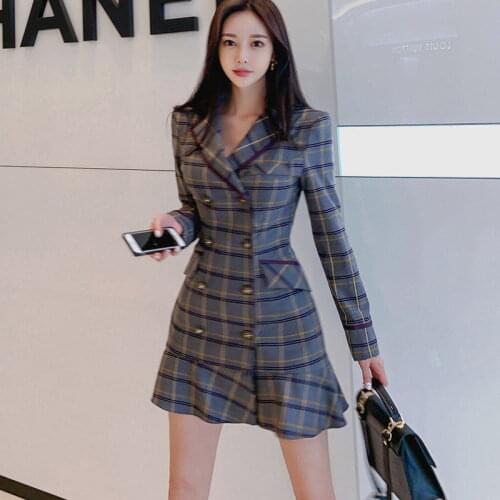 Autumn OL Office Lady Plaid Dress Elegant double-breasted Blazer Dress Formal Slim Women Mermaid dress Female Streetwear