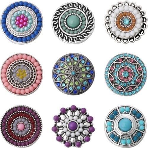6pcs/lot Hot Sale Snap Button Jewelry Crystal Rhinestone Beads Round Flower Metal 18mm Snap Buttons Fit DIY Snap Bracelet