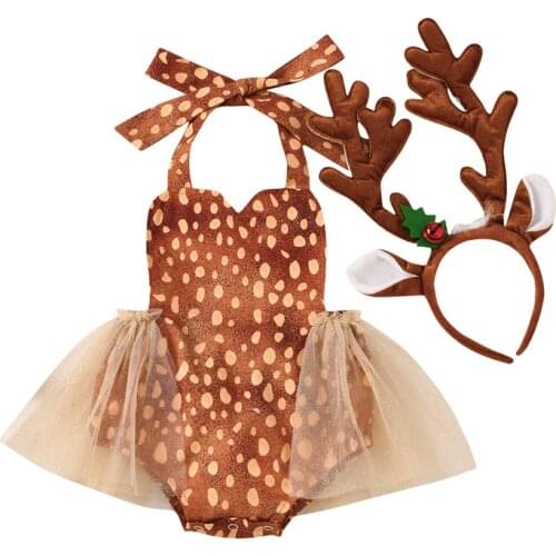 0-24M Baby Christmas Romper Toddler Mesh Patchwork Halter Jumpsuit Sleeveless Playsuit with Antler Hair Hoop 2Pcs Outfit Set