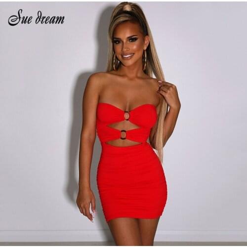 Sexy Strapless Hollow Tube Top Bodycon Bandage Dress 2021 New Summer Womens Elegant Evening Club Party Mini Dress Vestido