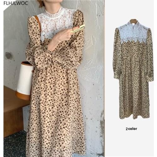 Chic Fashion Korea Feminine Vestidos Women Winter Basic Warm Thick Patcwork White Lace Turtleneck Retro Vintage Long Maxi Dress