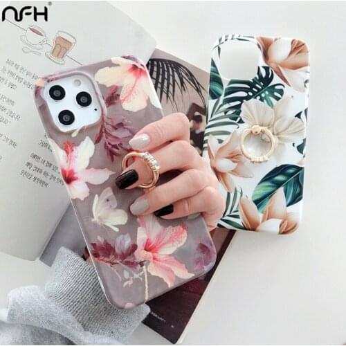For iPhone 11 Luxury Ring Flower Silicone Case For iPhone 11 Pro 12 Mini X XR Xs Max SE2020 7 8 Plus Soft Protective Stand Cover