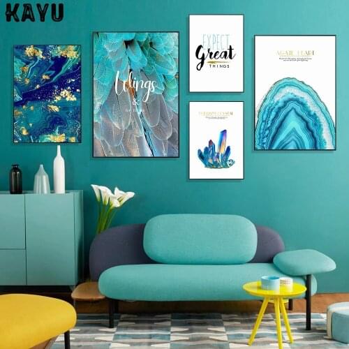 Modern Abstract Art Painting Gold Foil Line Blue Feather Crystal Canvas Living Room Bedroom Print Wall Poster Home Decoration