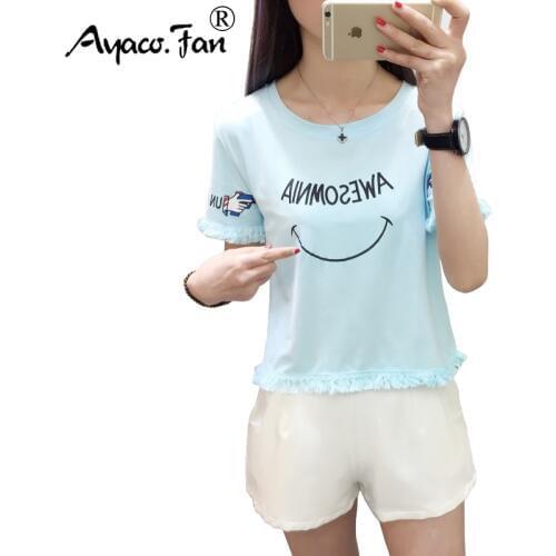 Loose Short Women T-Shirts for Girls Student Female 2019 Summer New Print Tassel Short Sleeve T-Shirt Casual Slim Lady Tops Tees