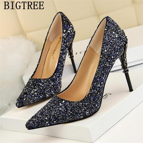 Bigtree Shoes Glitter Heels Wedding Shoes Bride Fetish High Heels Dress Shoes Women Sexy Heels Zapatos De Mujer Sapato Feminino