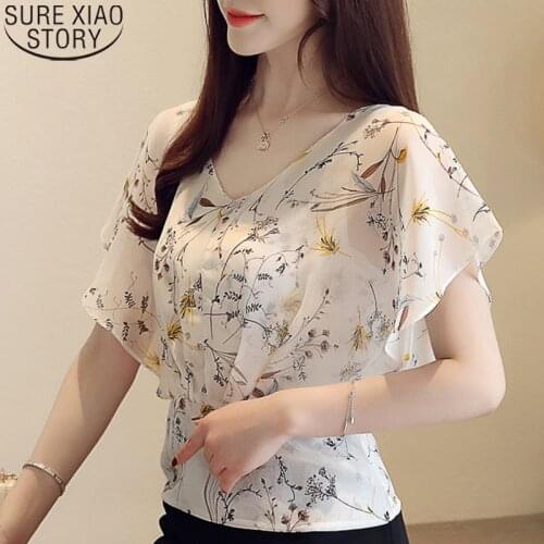 Plus Size Tops V Neck Ruffles Blouse Women Shirts Summer Short Sleeve Print Chiffon Blouse Women Womens Tops and Blouses 4596 50