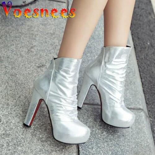 Voesnees Ankle Boots for Women Female 2021 New Spring Autumn Waterproof Platform Plush High Heels Sexy ZIP Round Toe Ladies Shoe