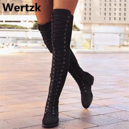 Parkside Wind Women Boots Shoes Sexy Lace Up Over Knee Boots Women With Square Heel Rubber Boots Plus Size 35-43 L060