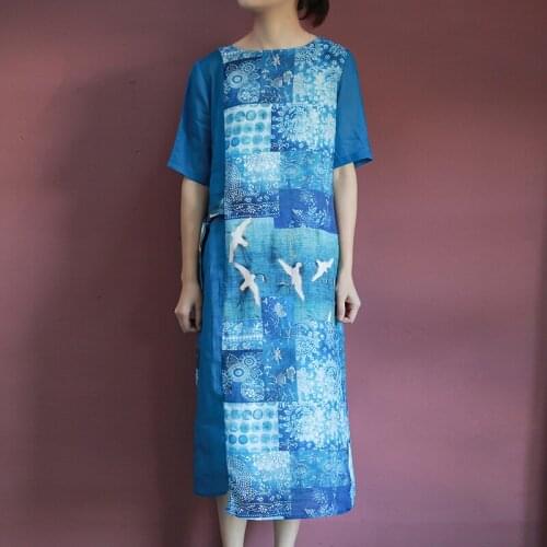 Johnature Women Vintage Bandage Dresses Patchwork Print Floral Robes Blue 2021 Summer New O-Neck Short Sleeve Female Loose Dress