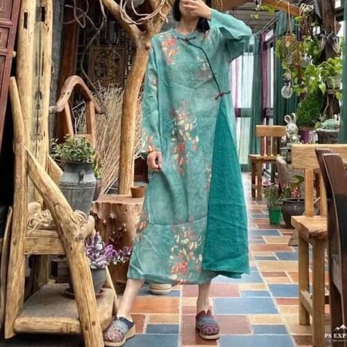 Johnature Ramie Patchwork Print Flower Women Vintage Dresses Chinese Style O-Neck Full Sleeve Loose 2021 Autumn A-line Dresses
