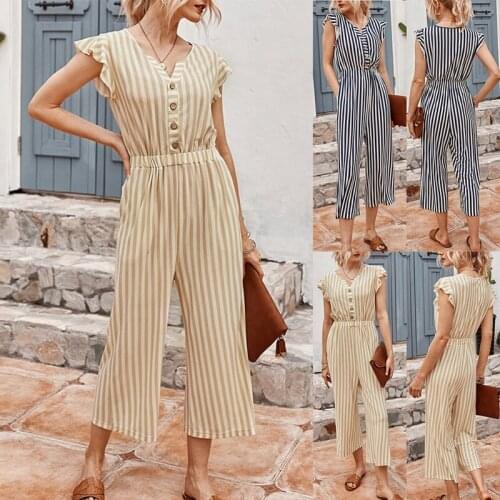 Striped Feminine Jumpsuit Summer Beach Leisure Bohemian Ruffle High Waist Fashion Womens Jumpsuit