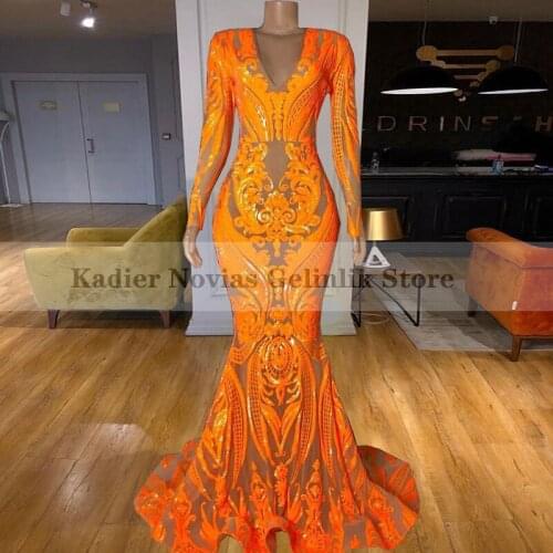 KADIER NOVIAS Women Long Sleeve Mermaid Orange Prom Dresses 2021 V Neck Sequin Lace Sweep Train Evening Gown Vestido De Fiesta