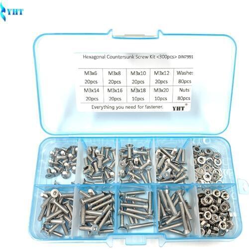 300Pcs/set DIN7991 M2 M2.5 M3 GB70.3 ISO10642 JISB1194 304 Stainless Steel Hexagonal Countersunk Screws Flat Head Screw