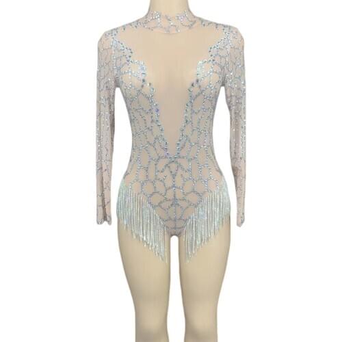 Women Birthday Celebrate Party Outfit Silver Rhinestones Fringes Backless Transparent Net Bodysuit Singer Stage Dance Costumes