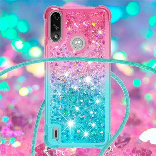 Love Heart Quicksand Phone Case For Moto E7 Power e6 plus Crossbody Necklace chain Dynamic Liquid Gradient Rainbow Sequins Cover
