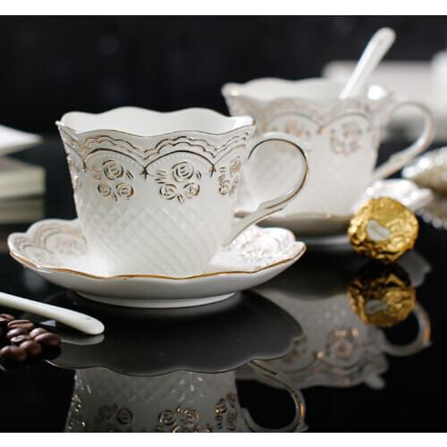 Modern Style Elegant Bone China Tea / Coffee Cup with Engraving Rose Gold Inlay Pattern