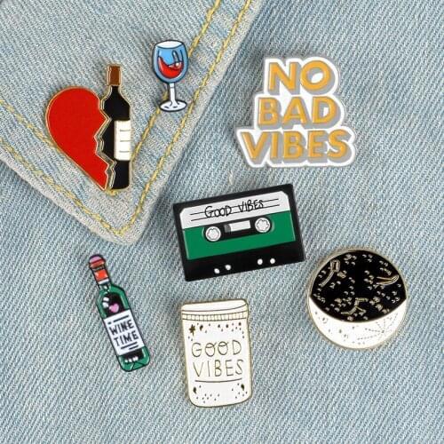Moon Night Dating Enamel Pins GOOD VIBE Wine Music Badges Custom Brooches Bag Clothes Lapel Jewelry Gifts for Lovers Wholesale