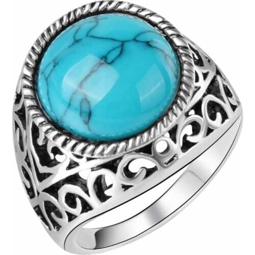 FYJS Unique Antique Silver Plated Round Blue Turquoises Stone Finger Ring for Party Gift Jewelry