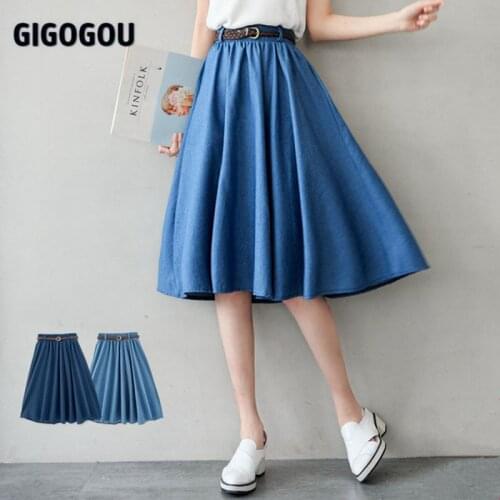 GIGOGOU High Waist Campus Student Girl Skirts 2021 Summer Solid A Line Skirt With Belt Koeran Style Jeans Pleasted Skirts Femme