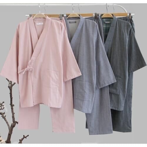 Traditional Kimono Sleepwear Pajamas Set For Women Men Cotton Loose Japanese Style Bathing Yukata Top Trouser Couples Nightgown