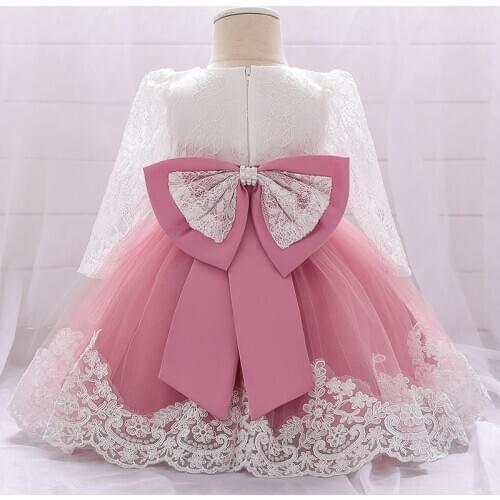 Beads Flower Infant Baby Girl Dress Lace Big Bow Baptism Dresses for Girls First Year Birthday Party Wedding Baby Clothes