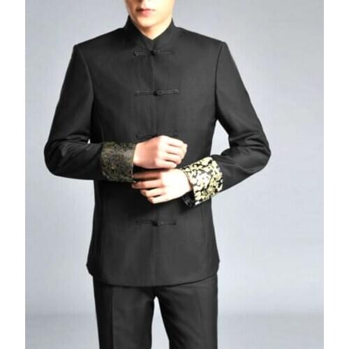 Disk buckle men Chinese tunic suit set with pants mens casual suits stand collar black slim formal dress mens groom suit