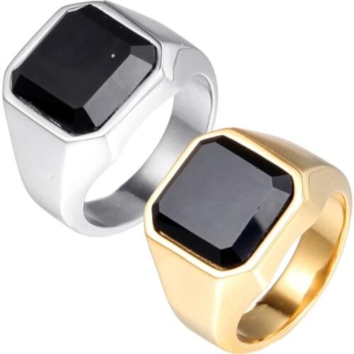 Gold Silver Color Rings for Men Stainless Steel Black Nature Stone Square Ring for Engagement Wedding Male Jewelry