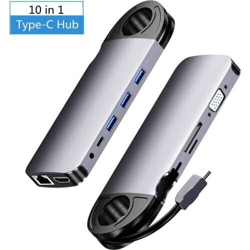 10-In-1 USB Type C Hub Full Function HUB with PD 4K HDMI-Compatible USB 3.0 Ports VGA SD/TF Card Reader USB-C Power for Computer