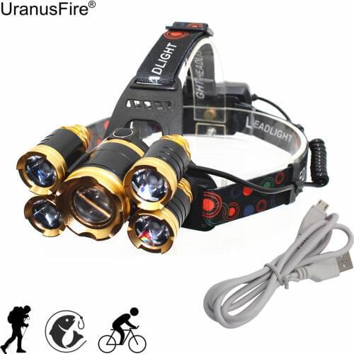 USB Rechargeable Headlamp 5 LED Zoomable Headlight Zoom Head Lamp 1* T6 + 4* XPE Hunting Lamp Fishing Bike Light with USB Cable
