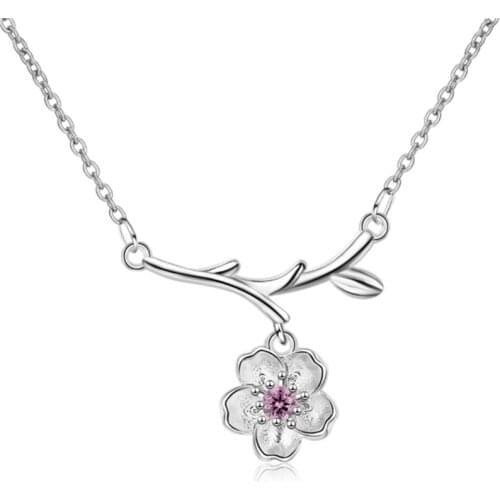Wild Japanese and Korean personality sweet beautiful flower branches with crystal silver plated necklaces SE018