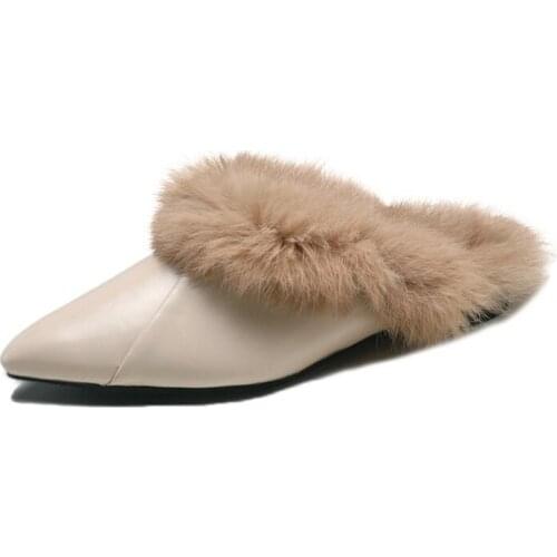 LKSHOE 2020 New Autumn and Winter Women 's Fluffy Shoes Fashion Durable Pointed Slippers Rabbit Fur Muller Shoes Zapatos Mujer