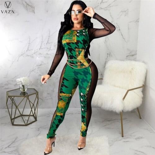 VAZN 2021 Lady New Fashion Sexy Club Party Style Jumpsuits Long Sleeve Round Neck Printed Tight Jumpsuits Long Pants