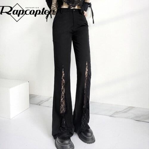 Rapcopter Y2K Casual Black Pants Gothic Lace Patchwork Trousers Women High Waist Flare Pants 90S Cargo Pants Chic Streetwear