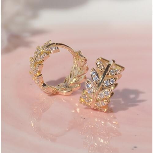 14k Real Gold Fashion Jewelry Round Crystal Leaves Exquisite Stud Earrings for Woman Holiday Party Elegant Simple Earring