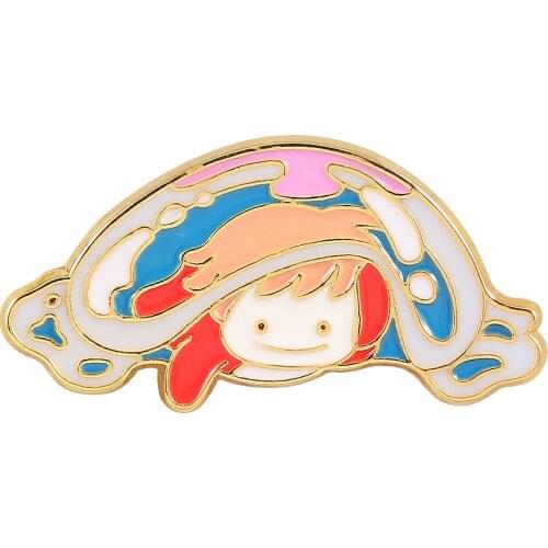 Cute Ponyo on The Cliff Hard Enamel Pin Fashion Cartoon Pastel Animal Gold Brooch Ponyos Sousuke Kiss Anime Movie Fans Jewelry