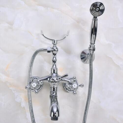 Modern Wall Mount Polished Chrome Brass Bathroom Tub Faucet Clawfoot Hand Shower Mixer Tap Telephone Shape Hand Spray ana234
