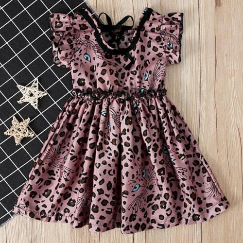 #VW Summer Girls Dress Toddler Baby Short sleeve O-Neck Dress Leopard print Ruffled Princess Casual Dress платья летние лёгкие