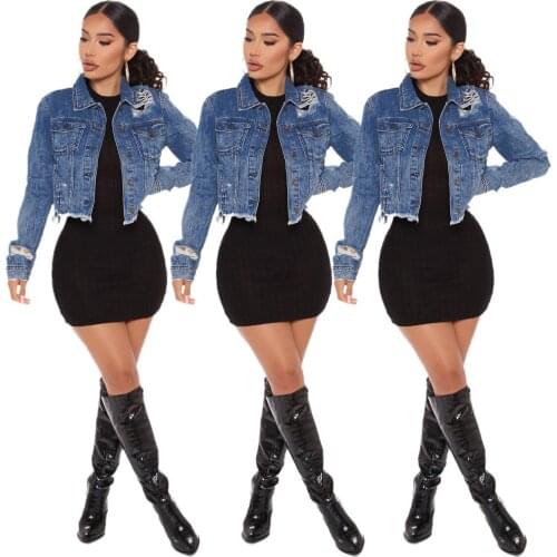 INS Hottest Women Ripped Streetwear Denim Coats 2021 Spring Latest Turn-down Collar Single-Breasted Hollow Out Short Jackets