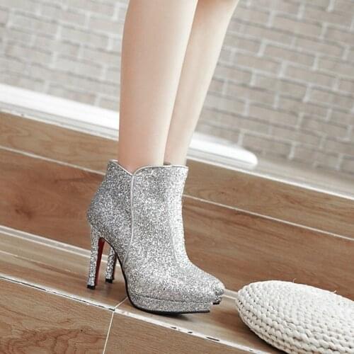 Ochanmeb Glitter Silver Boots Women Stiletto High Heels Point Toe Bling Bling Boot Shoes Bride Woman Wedding Party Booties 33-48