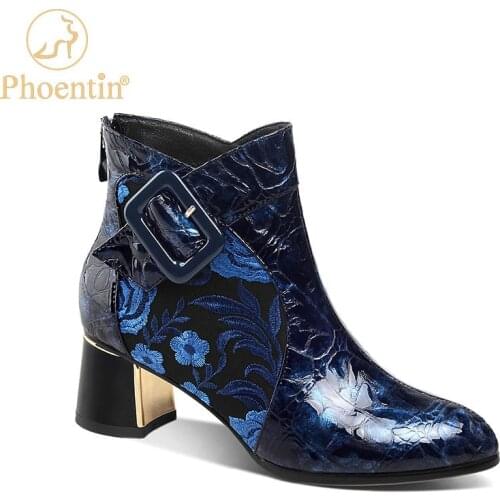 Phoentin Embroider Boot Women Genuine Leather Ankle Boots Winter New Back Zipper High Heels Party Basic Shoes FT1222